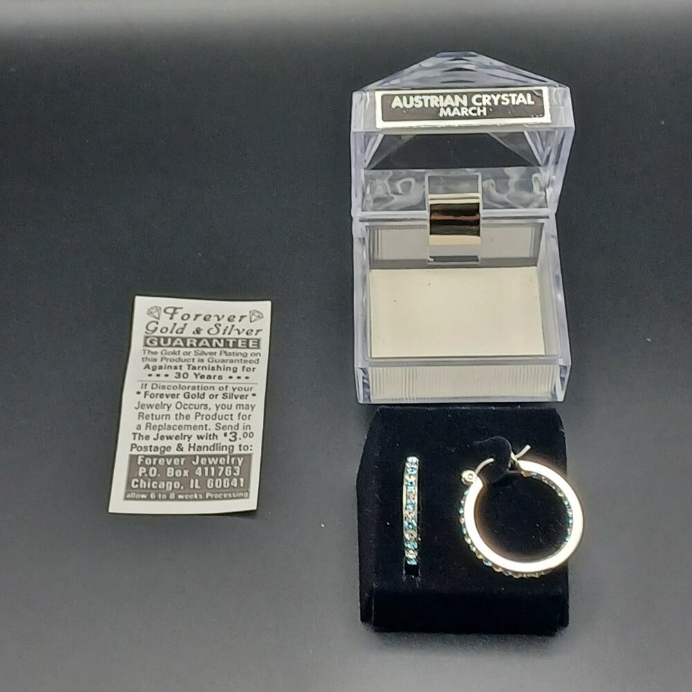 Austrian Crystal March Birthstone Hoop Earrings Light Blue Silver Tone NIB